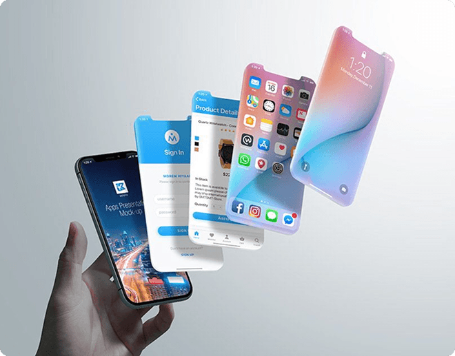 Floating mobile app screen mockups