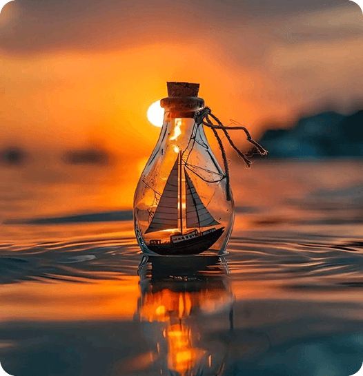 Sailboat in a bottle during sunset, symbolizing precision and vision