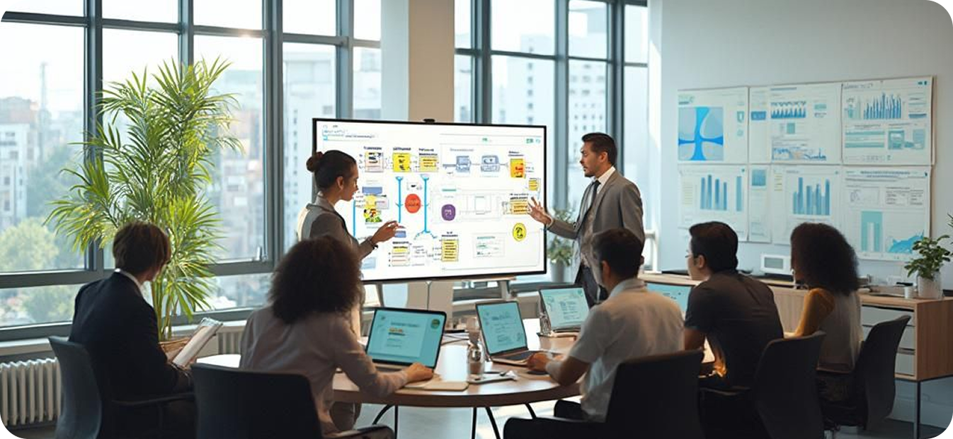 A team collaboration meeting where colleagues are discussing complex ideas displayed on a large screen.